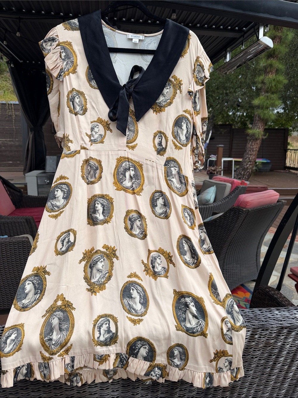 Anthropologie Cream Portrait-Print Mini Dress with Black Sailor Collar